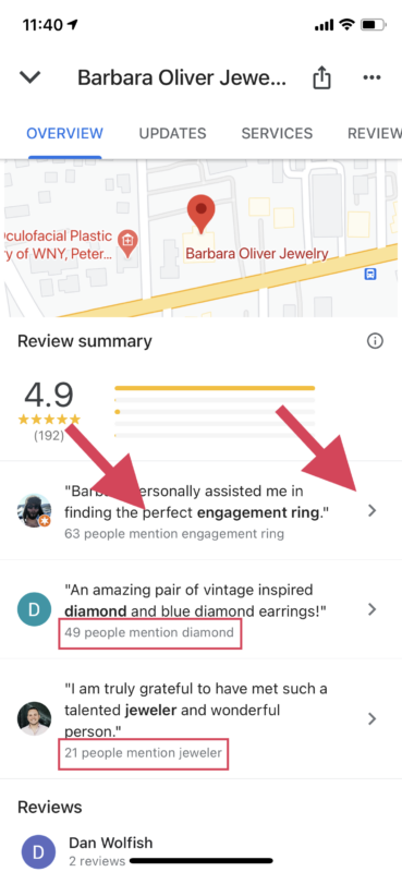 Google Local Review Summaries Grouped by Place Topics